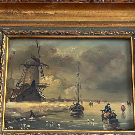 Remarkable Oil Painting Winter Landscape "Windmill Scene" Intriguing Small Art - HollandArtShop