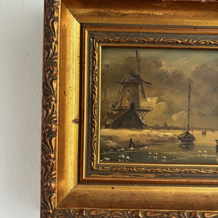 Remarkable Oil Painting Winter Landscape "Windmill Scene" Intriguing Small Art - HollandArtShop