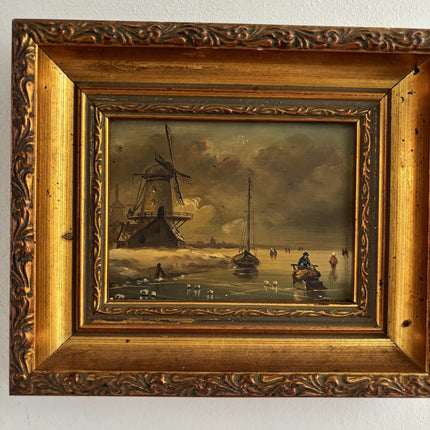 Remarkable Oil Painting Winter Landscape "Windmill Scene" Intriguing Small Art - HollandArtShop