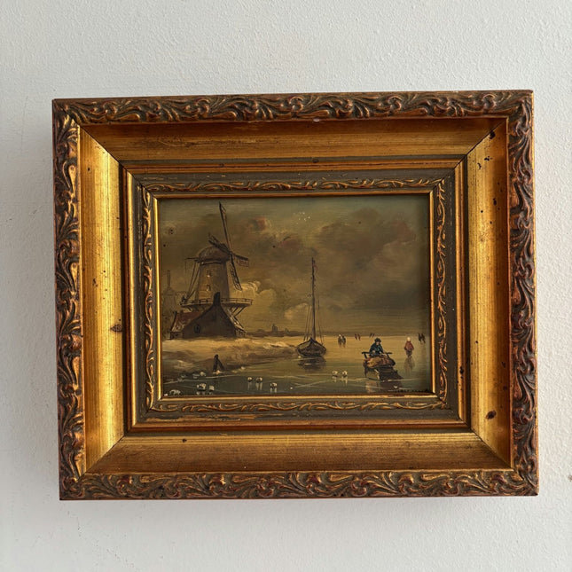 Remarkable Oil Painting Winter Landscape "Windmill Scene" Intriguing Small Art - HollandArtShop