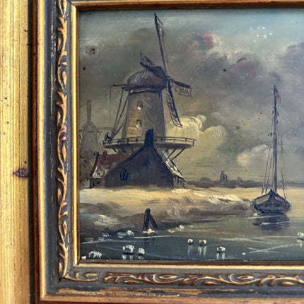 Remarkable Oil Painting Winter Landscape "Windmill Scene" Intriguing Small Art - HollandArtShop