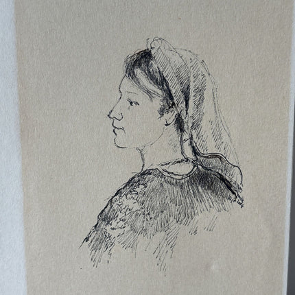 Remarkable Portrait Ink Drawing "Profile Portrait" Authentic Small Artwork - HollandArtShop
