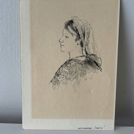 Remarkable Portrait Ink Drawing "Profile Portrait" Authentic Small Artwork - HollandArtShop