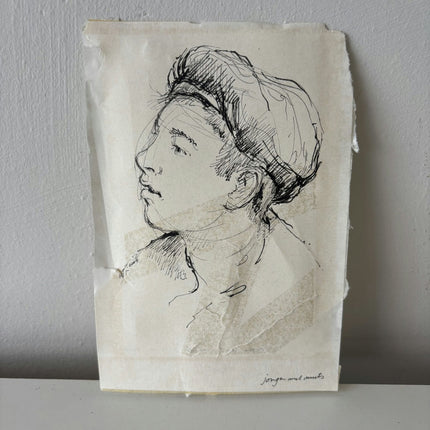 Remarkable Portrait Ink Drawing "Thoughtful Portrait" Refined Small Artwork - HollandArtShop
