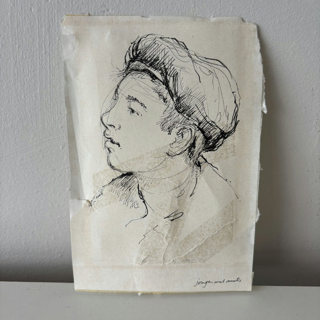 Remarkable Portrait Ink Drawing "Thoughtful Portrait" Refined Small Artwork - HollandArtShop