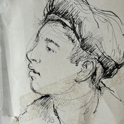 Remarkable Portrait Ink Drawing "Thoughtful Portrait" Refined Small Artwork - HollandArtShop