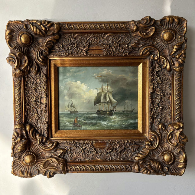 Remarkable Seascape Oil Painting "Sailing Ship" Vintage Medium Artwork - HollandArtShop