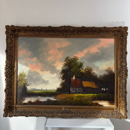 Vintage "Quiet Farm" Oil Painting Landscape Cottage River Scene Dramatic Sky Large Framed Wall Art