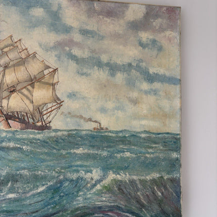 “SAILING THE WAVES” Vintage Oil Painting Seascape Ship Ocean Artwork - HollandArtShop