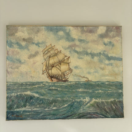 “SAILING THE WAVES” Vintage Oil Painting Seascape Ship Ocean Artwork - HollandArtShop