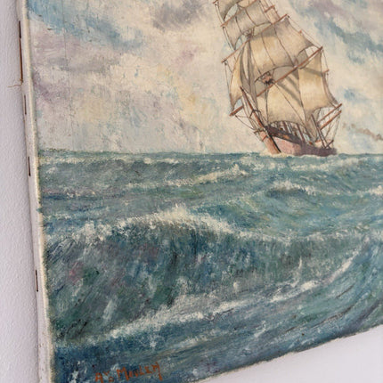 “SAILING THE WAVES” Vintage Oil Painting Seascape Ship Ocean Artwork - HollandArtShop