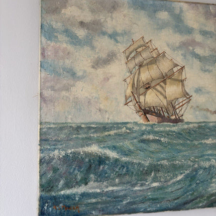 “SAILING THE WAVES” Vintage Oil Painting Seascape Ship Ocean Artwork - HollandArtShop