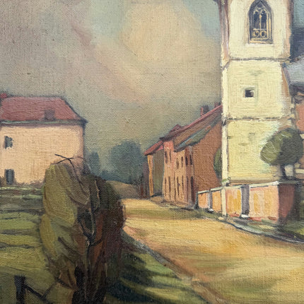 Vintage Cityscape Oil Painting "Village Church" Authentic Artwork Holland Art Shop