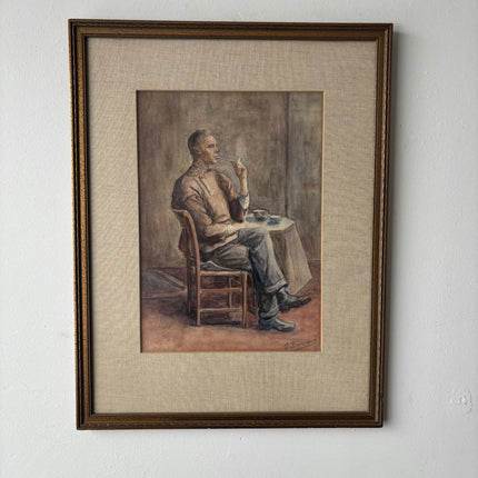 Striking Portrait Aquarel "Thoughtful Man" Vintage Medium Artwork - HollandArtShop