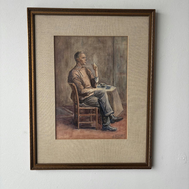 Striking Portrait Aquarel "Thoughtful Man" Vintage Medium Artwork - HollandArtShop