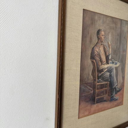 Striking Portrait Aquarel "Thoughtful Man" Vintage Medium Artwork - HollandArtShop