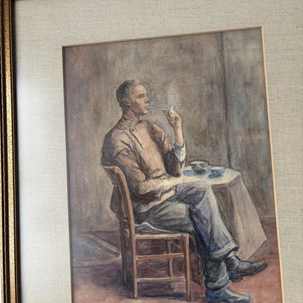 Striking Portrait Aquarel "Thoughtful Man" Vintage Medium Artwork - HollandArtShop