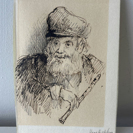 Striking Portrait Ink Drawing "Bearded Musician" Original Small Artwork - HollandArtShop