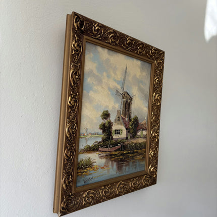 Traditional Oil Painting Landscape "Windmill Scene" Authentic Small Artwork - HollandArtShop