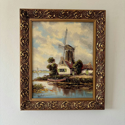 Traditional Oil Painting Landscape "Windmill Scene" Authentic Small Artwork - HollandArtShop