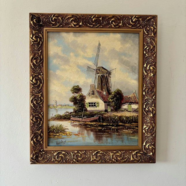 Traditional Oil Painting Landscape "Windmill Scene" Authentic Small Artwork - HollandArtShop