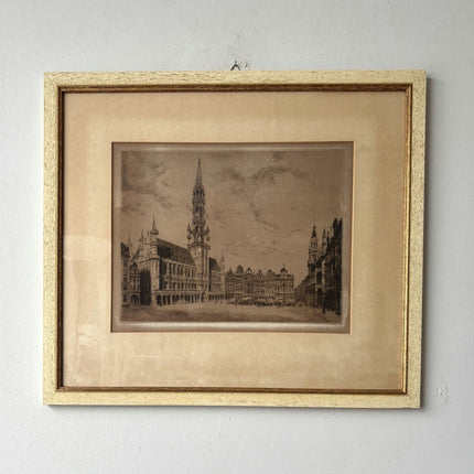 Vintage Cityscape Etching "Town Hall Tower" Original Medium Art - HollandArtShop