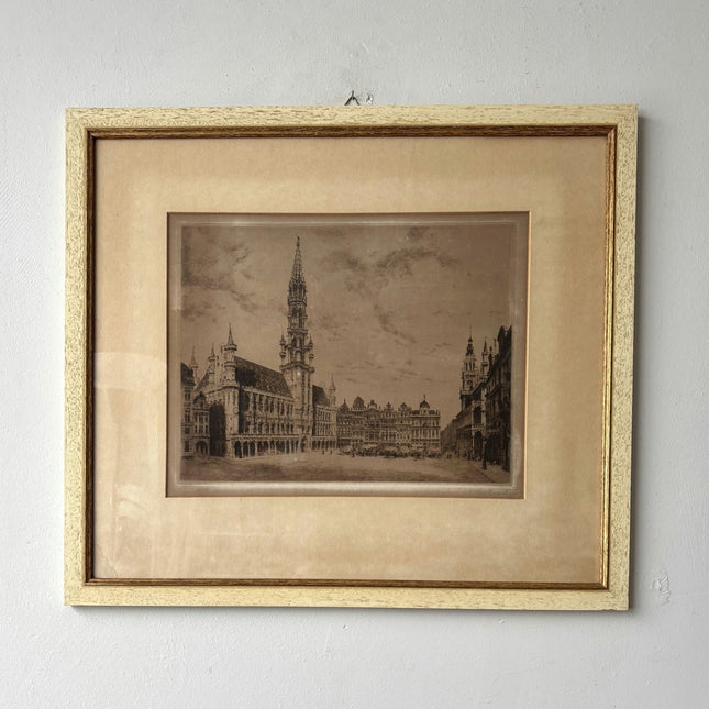 Vintage Cityscape Etching "Town Hall Tower" Original Medium Art - HollandArtShop