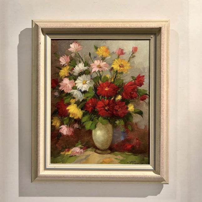 Vintage “COLORFUL FLOWER BOUQUET” Oil Painting – Mid 20th Century Still Life - HollandArtShop