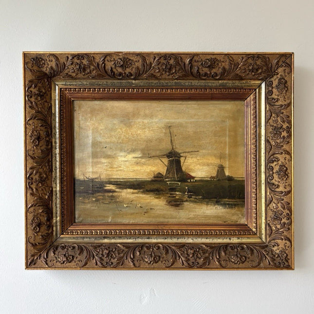 Vintage “DUTCH WINDMILL” original oil painting Holland landscape Framed Art - HollandArtShop