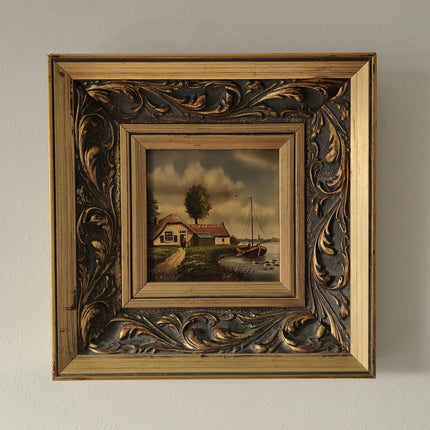 Vintage "Hollands River" Trees a Boat Person House In Ornate Frame - HollandArtShop