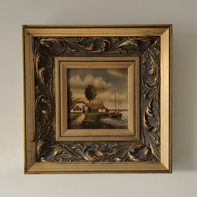 Vintage "Hollands River" Trees a Boat Person House In Ornate Frame - HollandArtShop