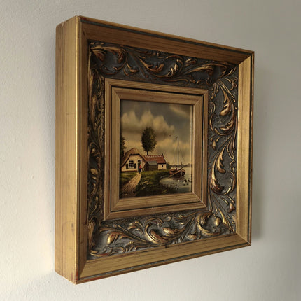 Vintage "Hollands River" Trees a Boat Person House In Ornate Frame - HollandArtShop