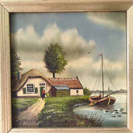 Vintage "Hollands River" Trees a Boat Person House In Ornate Frame - HollandArtShop
