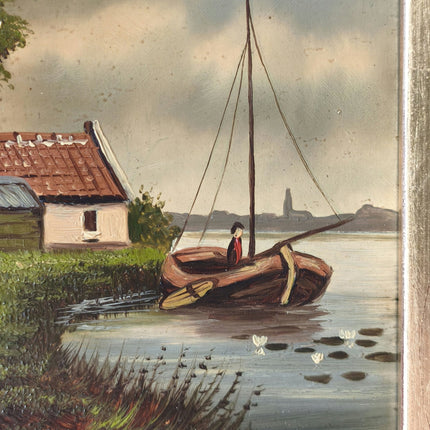 Vintage "Hollands River" Trees a Boat Person House In Ornate Frame - HollandArtShop