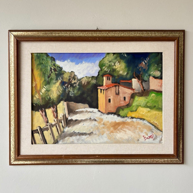 Vintage “ITALIAN TREE HOUSES” Colorful Oil Painting Landscape Signed 1971 Biagi - HollandArtShop