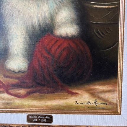 “Vintage Kitten with Red Yarn” – Framed Oil Painting on Canvas – Signed - HollandArtShop