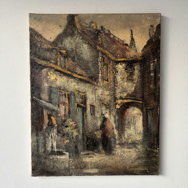 Vintage Moody European Stone Village Courtyard Street Oil Painting - HollandArtShop
