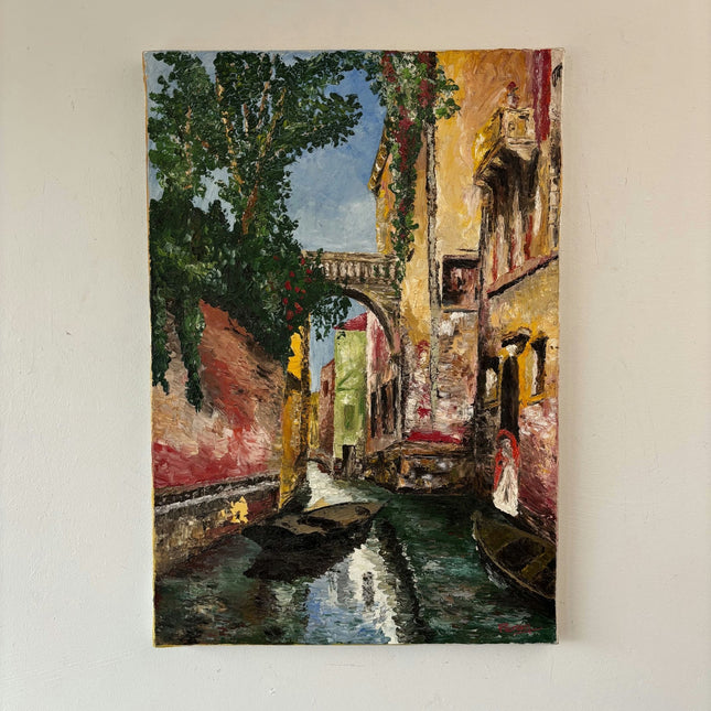 Vintage Oil Painting "Canal Archway" Antique Medium Artwork - HollandArtShop