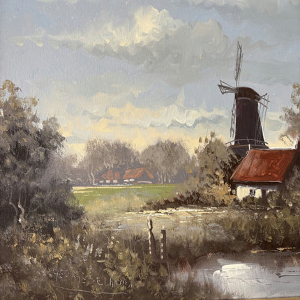 Vintage Oil Painting Landscape "Windmill Landscape" Traditional Medium Artwork - HollandArtShop