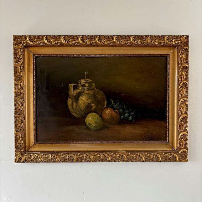 Vintage Oil Painting Still Life "Golden Teapot" Wonderful Large Art - HollandArtShop