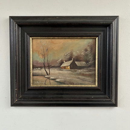Vintage Oil Painting Winter Landscape "Rustic Cottage" Expressive Small Art - HollandArtShop