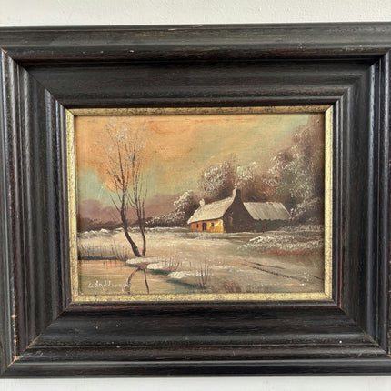 Vintage Oil Painting Winter Landscape "Rustic Cottage" Expressive Small Art - HollandArtShop