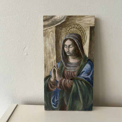 Vintage Portrait Egg Tempera "Praying Woman" Figurative Small Art - HollandArtShop