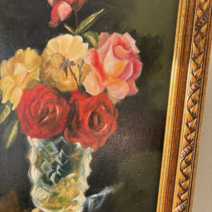 Vintage “ROSES IN GLASS VASE” original floral still life oil painting framed - HollandArtShop
