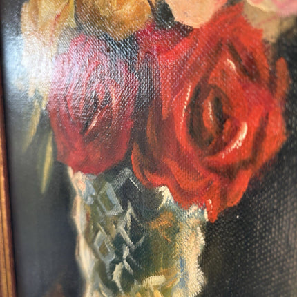 Vintage “ROSES IN GLASS VASE” original floral still life oil painting framed - HollandArtShop