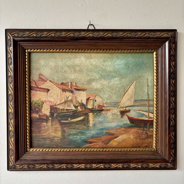 Vintage “SAILBOATS IN A COASTAL VILLAGE” Oil Painting – 20th Century European - HollandArtShop