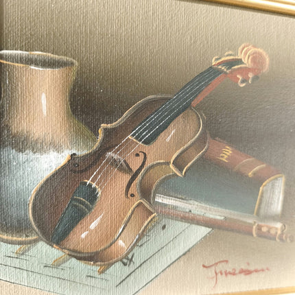 Vintage Still Life "Violin And Vase" Striking Small Artwork - HollandArtShop