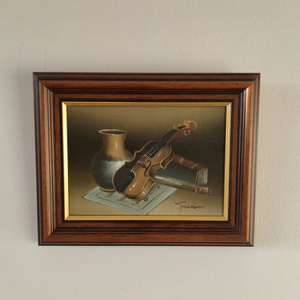 Vintage Still Life "Violin And Vase" Striking Small Artwork - HollandArtShop