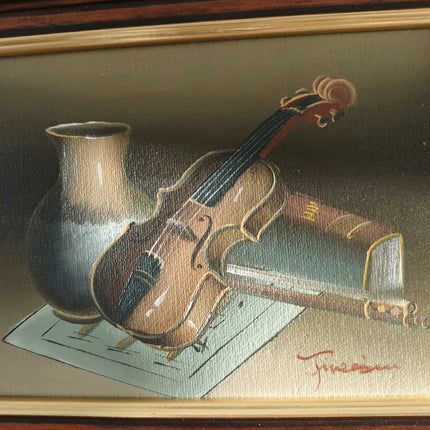 Vintage Still Life "Violin And Vase" Striking Small Artwork - HollandArtShop