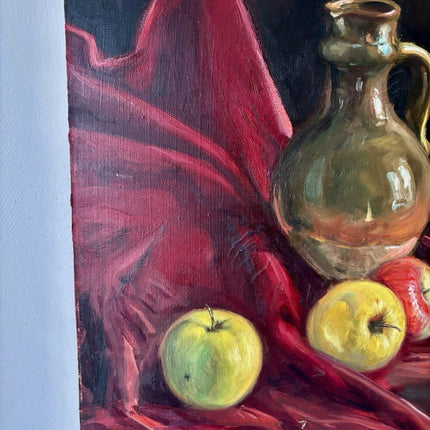 Vintage “STILL LIFE WITH APPLES AND JUG” Oil Painting Realist Style ca. 1950 - HollandArtShop